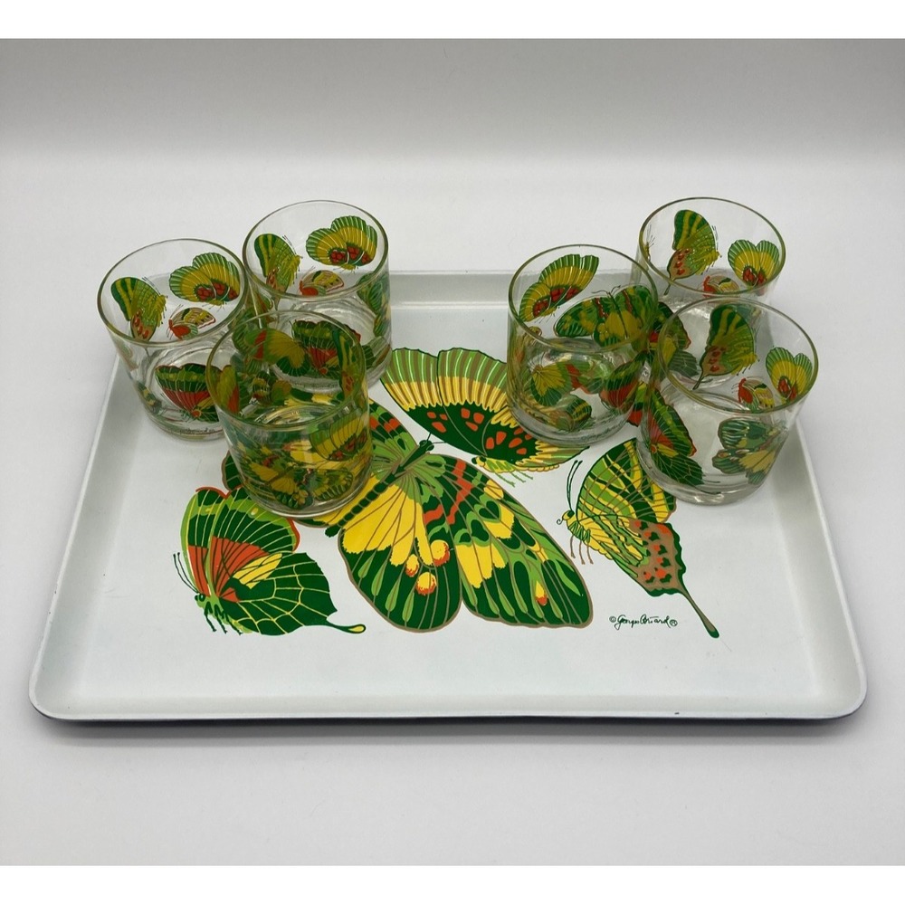 Vintage Georges Briard Butterfly Lowball Tumbler Glasses Set of 6 & Plastic Tray